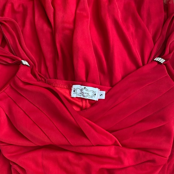 Red Ruched Ruffled High Low Gown - Picture 2 of 6